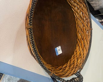 Vintage Wicker Basket Wood Base Farmhouse Bread Basket Rustic Kitchen Decor Cottage Style Storage Tray