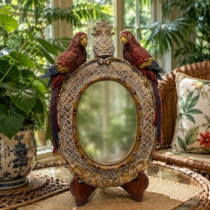 May include: An oval tabletop mirror featuring a textured frame with a pineapple motif at the top and two red, blue, and yellow parrots perched on the sides. The frame has a metallic gold and brown finish and rests on two dark wooden feet.