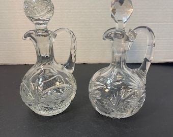 Vintage Crystal Cruet Set Hand Cut Glass Oil Vinegar Bottles Mid Century Kitchen Decor