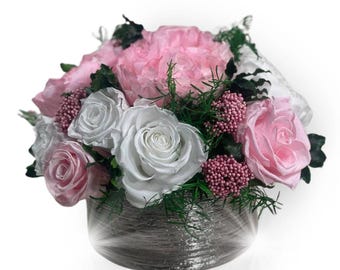 Preserved Peonies & Roses in Ceramic Vase: Everlasting Floral Arrangement