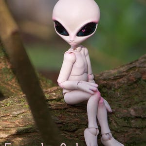 May include: A pale pink alien doll with large black eyes and pink accents, sitting on a tree branch. The doll has articulated joints and is unpainted. The text "Example Only" and "Listing is for unpainted doll" is visible.