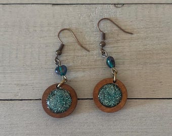 Handmade Turquoise and Brown Resin and Wood Dangle Earrings