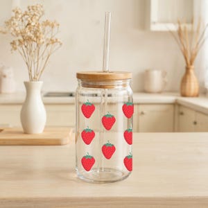 Strawberry Sipper Glass, 16oz, Strawberry Glass Tumbler, Glass Cup with Straw, Gift for Her, Iced Coffee Cup, Cute Glass, Summer Glass