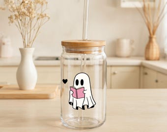 Bookish Ghost-glazen beker: 16 oz sipperbeker met bamboe deksel