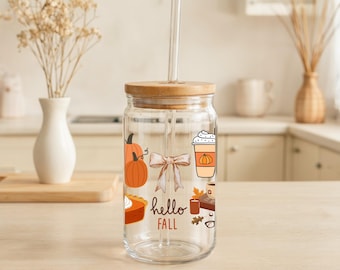 Fall Coffee Glass Tumbler: 16oz Sipper with Bamboo Lid