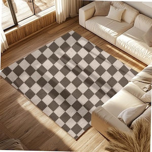Brown Checkered Area Rug, Home Decor, Housewarming Gift, Boho Rug, Checkered Bedroom Rug, Bathroom Rug, Living Room Rug