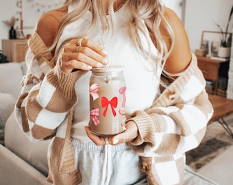 Coquette Bow Glass Cup with Straw: 16oz Iced Coffee Tumbler