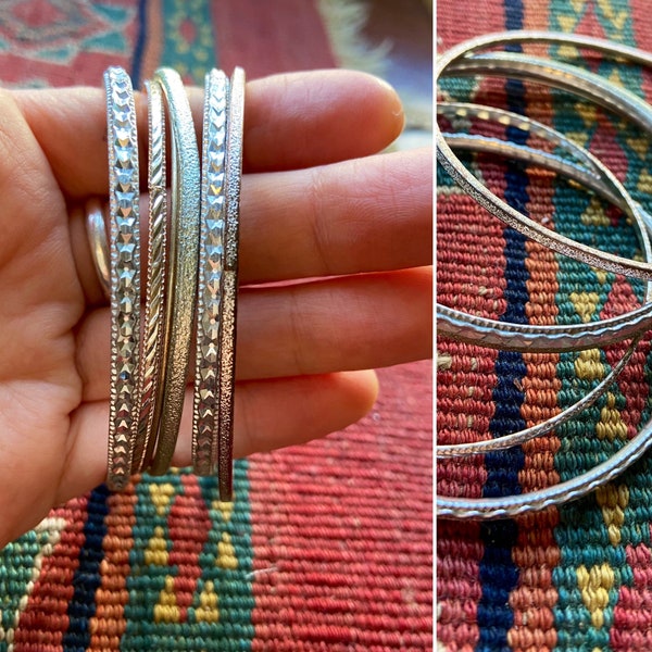 Sparkly Silver Mixed Metal Bangles Set with Geometric, Textural, Line Pattern Designs. Set of 6. FREE SHIPPING