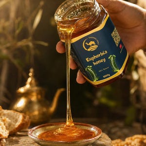May include: A jar of Euphorbia honey is being poured into a small bowl. The honey is a rich amber color and is labeled "Sahara Layali". The jar has a dark blue label with gold lettering and a camel logo. The honey is 100% natural and weighs 1000g.