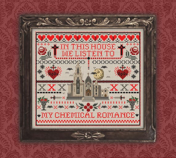in this house we listen to my chemical romance - cross stitch digital pattern