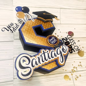 Letra 3D de graduación, letra mayúscula personalizada en azul y negro, decoraciones para fiesta de graduación, decoración para fiesta temática de niñas graduadas.
