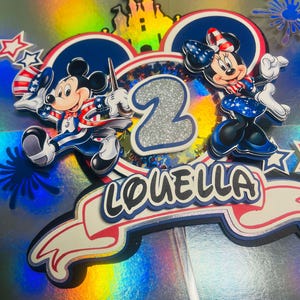 America Mickey and Minnie Mouse Cake Topper with Shaker,4th of July Custom Mickey Party, Personalized Blue and White Birthday Cake Topper