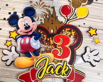 Mickey Mouse Cake Topper with Shaker, Custom Mickey Party Decoration, Personalized Red, Yellow and Gold Birthday Cake Topper
