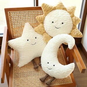 Bonita almohada de peluche con forma de luna, estrella, sol y nube, suave cojín de dibujos animados para el clima, juguete decorativo para sofá para habitación infantil, guardería u oficina, idea de regalo.