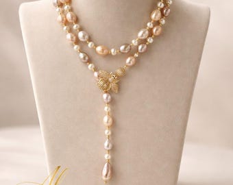Pink White Baroque Pearl Y Drop Necklace – Gold Plated Clasp, Freshwater Pearls/  Elegant Gift for Her