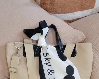 Cute Canvas Tote Bag, Oversized, Crossbody Bag or Shoulder Bag, Khaki with Black Handles, and Removable Scarf