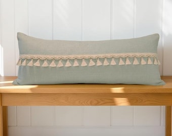 Blue Lumbar Pillow Cover, Long, Cream Tassel Fringe, Coastal Decor (14x36 Inch)