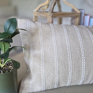 Handloom Beige Lumbar Pillow Cover, Neutral White Stripes, 100% Cotton (14x36 inch) image 2