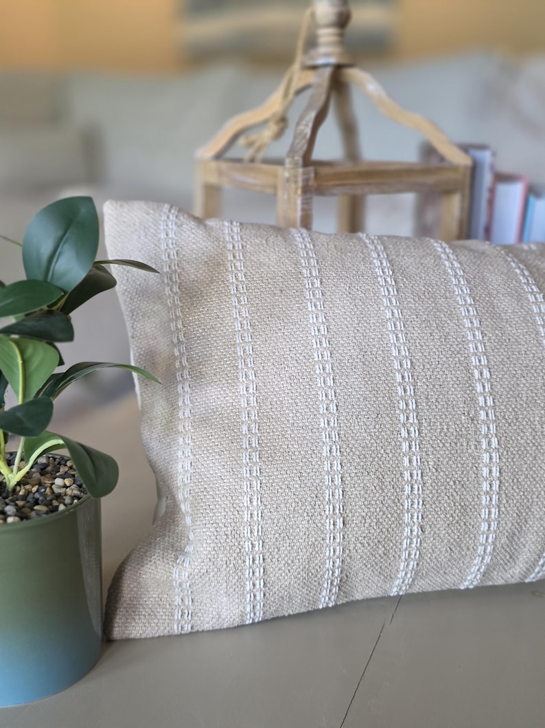 Handloom Beige Lumbar Pillow Cover, Neutral White Stripes, 100% Cotton (14x36 inch) image 2