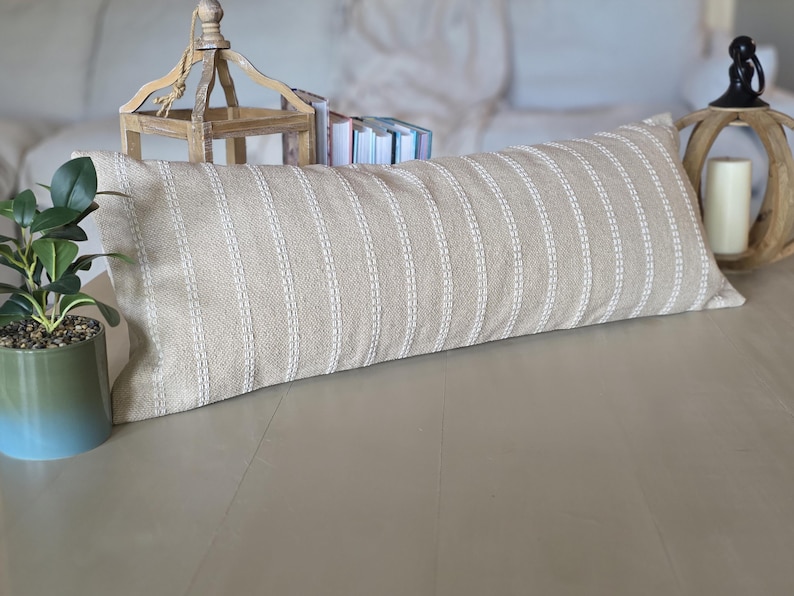 Handloom Beige Lumbar Pillow Cover, Neutral White Stripes, 100% Cotton (14x36 inch) image 10