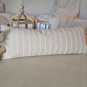 Handloom Beige Lumbar Pillow Cover, Neutral White Stripes, 100% Cotton (14x36 inch) image 1