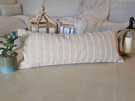 Handloom Beige Lumbar Pillow Cover, Neutral White Stripes, 100% Cotton (14x36 inch)