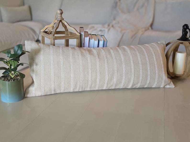 Handloom Beige Lumbar Pillow Cover, Neutral White Stripes, 100% Cotton (14x36 inch) image 1
