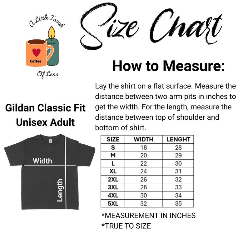 K&ouml;nnte beinhalten: Eine Gr&ouml;&szlig;entabelle f&uuml;r ein Gildan Classic Fit Unisex Adult T-Shirt. Die Tabelle zeigt die Ma&szlig;e in Zoll f&uuml;r die Gr&ouml;&szlig;en S bis 5XL. Anweisungen zur Messung der Breite und L&auml;nge des Shirts sind ebenfalls enthalten.