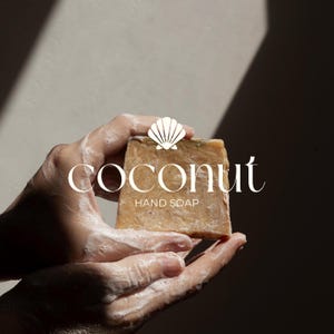May include: A person's hands holding a bar of brown soap with the text "coconut hand soap" printed on it.