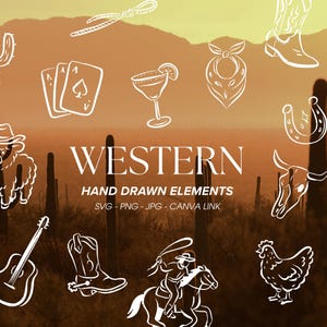 Western disegnato a mano, SVG Western, PNG Cowboy, Clipart Western, Stivali da cowboy disegnati a mano, SVG Cowgirl, Clipart Cactus