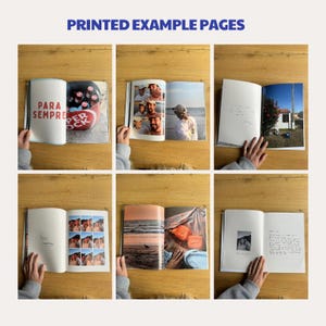 Puede incluir: Una colecci&oacute;n de libros abiertos que muestran p&aacute;ginas impresas con fotograf&iacute;as, texto e ilustraciones. El texto "PRINTED EXAMPLE PAGES" est&aacute; en azul en la parte superior. Los libros est&aacute;n sobre una superficie de madera.