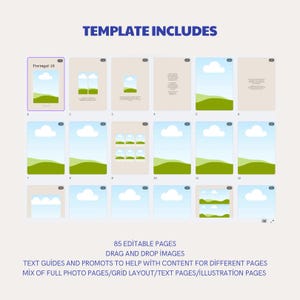 Puede incluir: Un dise&ntilde;o de plantilla con el texto "TEMPLATE INCLUDES" en la parte superior. La imagen muestra 15 ejemplos de dise&ntilde;o con colinas verdes, cielos azules y nubes blancas. El texto en la parte inferior dice "85 P&Aacute;GINAS EDITABLES, ARRASTRAR Y SOLTAR IM&Aacute;GENES".