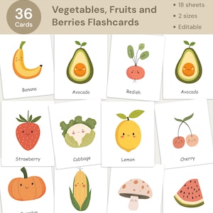 36 groenten- en fruitkaarten, montessorikaarten, peuterkaarten, educatieve afdrukbare kaarten, digitale print, naamkaartjes, thuisonderwijs