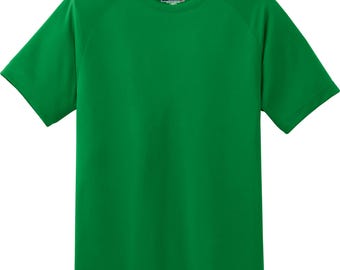 May include: A bright green short-sleeved t-shirt with a crew neck. The shirt has a small tag on the front that says "Sport-Tek Performance"