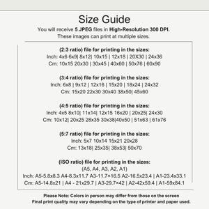 May include: A size guide providing print dimensions in inches and centimetres for different aspect ratios: 2:3, 3:4, 4:5, 5:7, and ISO. It lists sizes such as 4x6 inches and 10x15 cm, with a disclaimer about potential colour differences.