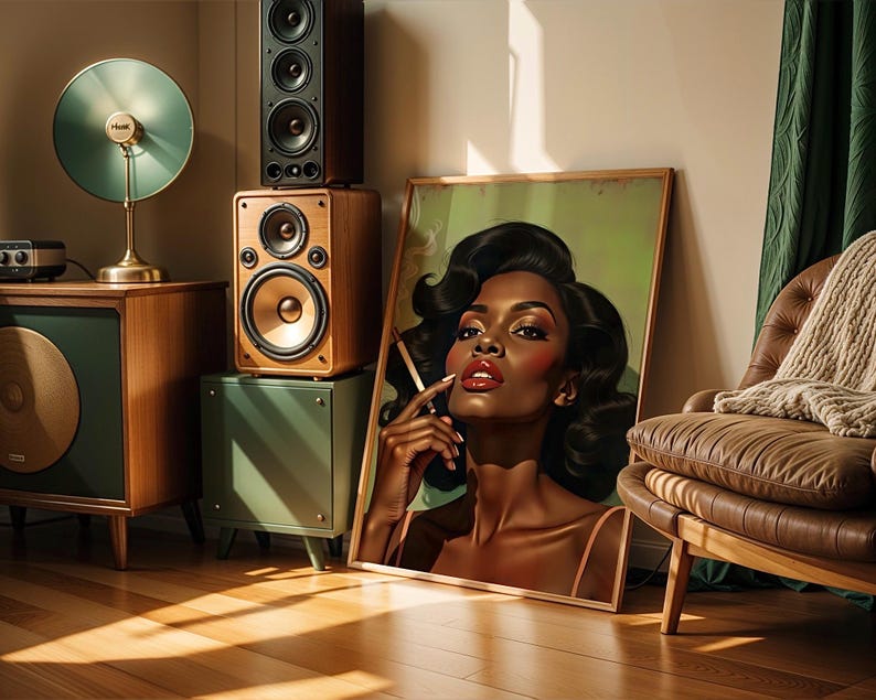 May include: A framed portrait of a woman with dark hair and red lipstick leans against a wall. A vintage stereo system with speakers and a record player sits nearby. A green lamp and a brown leather armchair complete the scene.