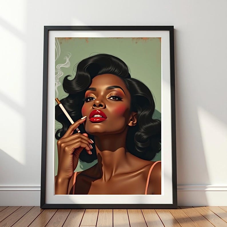 May include: A framed art print depicting a woman with dark skin, red lipstick, and a cigarette. The woman has dark, wavy hair and is set against a muted green background. The artwork is in a black frame, suitable for wall display.