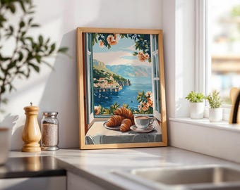 Wydruk artystyczny „Kawa i croissant z wybrzeża Amalfi”: Widok z włoskiego okna (pobranie cyfrowe)