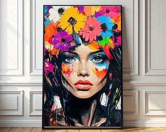 Floral Woman Portrait Art Print: Bold Color Wall Decor (Digital Download)