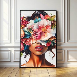 Portretkunst portret met bloemen: gedurfde kleuren vrouw muurkunst (digitale download)