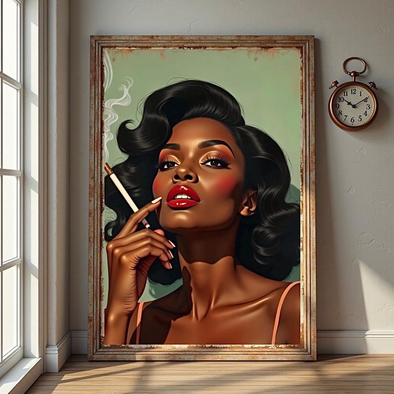 May include: A framed portrait of a woman with dark hair and red lipstick, holding a cigarette. The artwork has a vintage aesthetic, with a green background and a wooden frame. A small clock hangs on the wall.