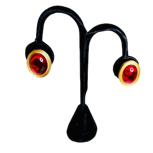 Monet Vintage Red Cabochon Clip-On Earrings Gold Tone Retro Statement Jewelry