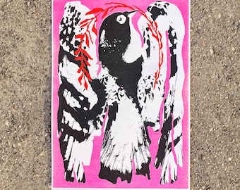 Black Bird Risograph Print – Graphic Bird Poster – Modern Wall Art A3