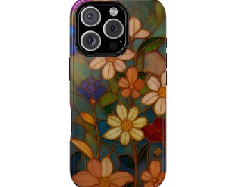 Stained Glass Effect Dark Floral Phone Case, Botanical Gift for Her Under 30, iPhone Case, Samsung Case, Pixel Case, Floral Gifts Under 30