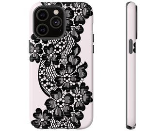 Black Lace Phone Case, Black Lace iPhone 16 Case, Tough Black Lace & Pink iPhone Case, Black Lace Samsung Case, Pixel Case, Gift Under 30