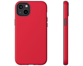 May include: A vibrant red phone case with a black camera module and black side buttons. The case is displayed from the front and side, showcasing its smooth design. The case is designed to fit a smartphone.