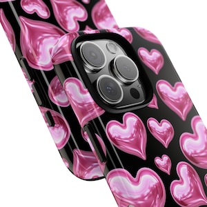 3D Pink Hearts Black Phone Case, Valentines Gift, iPhone 16 Case, iPhone 12, iPhone 11, iPhone Case, Samsung Case, Pixel Case, More Models