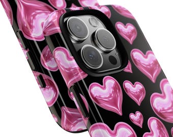3D Pink Hearts Black Phone Case, Valentines Gift, iPhone 16 Case, iPhone 12, iPhone 11, iPhone Case, Samsung Case, Pixel Case, More Models
