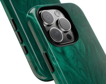 May include: A green phone case with a marbled design. The case has a raised camera bump with three lenses.