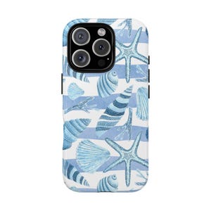 Blue Seashell Tough Protective Phone Case with Waves Design for iPhone, Samsung Case, Pixel Case, iPhone 16 Case, iPhone 14, Gifts Under 30